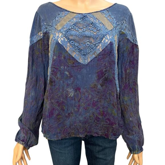 Gimmicks By BKE Patchwork Crinkle Rayon Top Large Lace Boho Mineral Wash Hippie - Picture 1 of 11